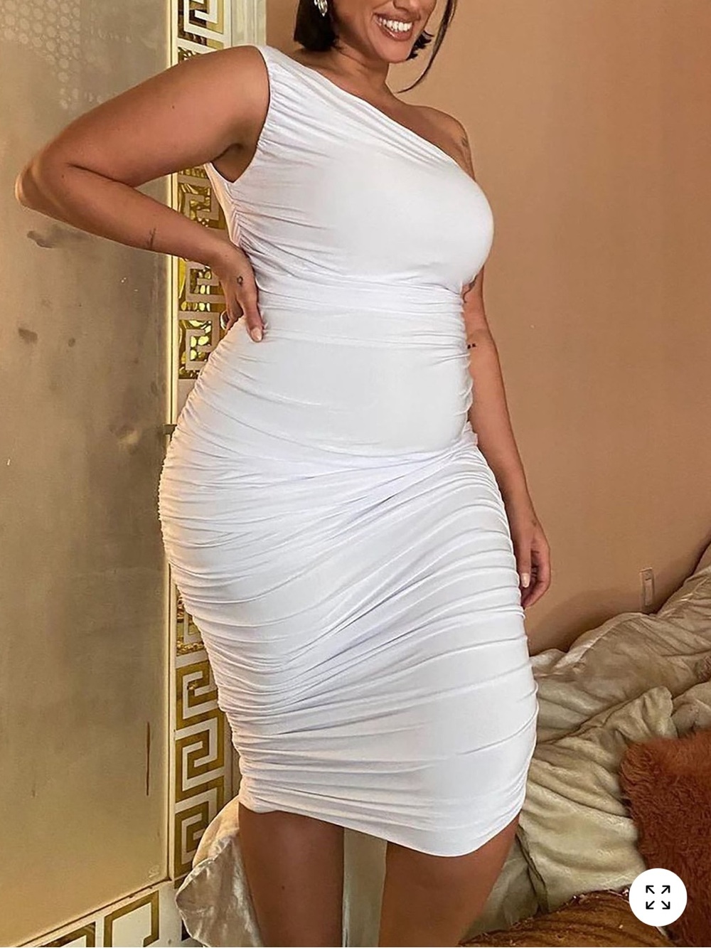Fashion Nova One-Shoulder White Ruched Midi Dress